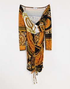 Облегающее присборенное платье мини оранжевого цвета с принтом в стиле шарфа и открытыми плечами Flounce London-Оранжевый цвет