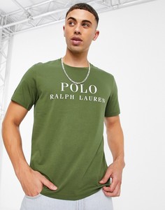 Оливково-зеленая футболка для дома с логотипом-надписью на груди Polo Ralph Lauren-Зеленый цвет