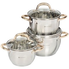 Набор посуды нерж, 6 пр, кастрюли 2,2.9,3.9 л, индукц, Daniks, Мадрид Gold, SD-331G
