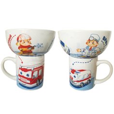 Набор детской посуды керамика, 2 шт, Служебные машинки, круж 200мл, тарел 300мл, белый