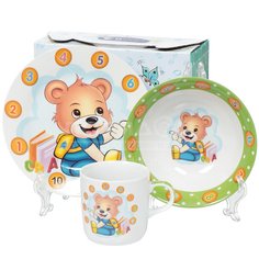 Набор детской посуды керамика, 3 шт, Веселый мишка, тарел 17.5см,салат 15см,круж 230мл, Daniks