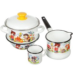 Набор эмалированной посуды 5 пр, кастр 1.5 л, ковш 1 л, круж 0.3 л, салат 0.8 л, Керч МЗ, Улыбка Керченский металлургический завод