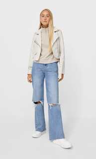 Stradivarius Куртка В Байкерском Стиле, Из Искусственной Кожи С Поясом Цвет Небеленого Полотна Xs