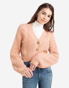 Персиковый укороченный кардиган oversize с косами Gloria Jeans