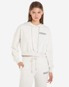 Бежевое укороченное худи oversize с надписью Gloria Jeans