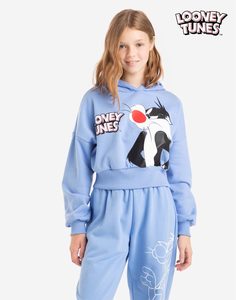 Голубое укороченное худи с принтом Looney Tunes для девочки Gloria Jeans