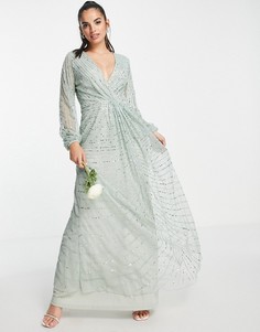 Шалфейно-зеленое платье миди для подружки невесты с декоративной отделкой Frock and Frill Bridesmaids-Зеленый цвет