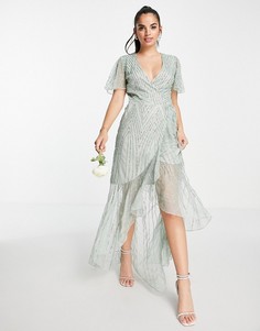 Шалфейно-зеленое платье макси для подружки невесты с запахом и декоративной отделкой Frock and Frill Bridesmaids-Зеленый цвет