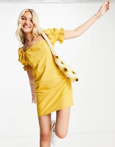 Желтое платье мини в клетку с квадратным вырезом и присборенными рукавами Skylar Rose-Желтый