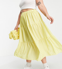 Ярусная юбка миди в контрастную желтую клетку Twisted Wunder Plus-Многоцветный