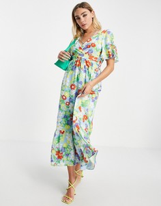 Разноцветное платье миди с запахом и цветочным принтом Twisted Wunder-Multi