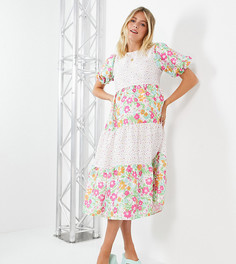 Платье миди с присборенной юбкой и комбинированным цветочным принтом в стиле пэчворк Twisted Wunder Maternity-Многоцветный