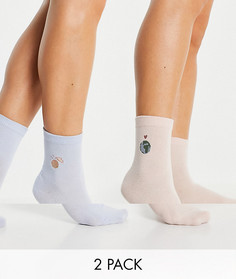 Набор из 2 пар носков голубого и бежевого цвета с вышивкой из материала с добавлением органического хлопка Monki Polly-Многоцветный