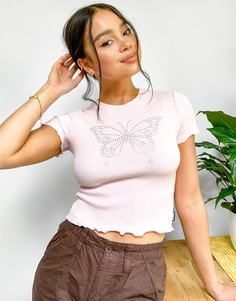 Укороченная «детская» футболка с бабочкой из стразов Minga London-Розовый цвет