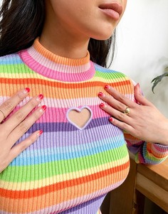 Облегающий лонгслив в рубчик в полоску цветов радуги с вырезом в виде сердечка Minga London-Multi