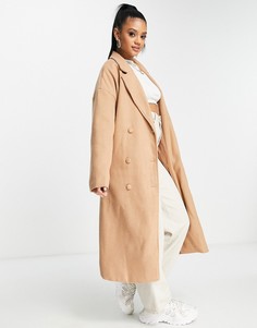Длинное двубортное пальто светло-коричневого цвета In The Style-Коричневый цвет