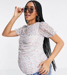 Сетчатый топ с объемными рукавами розового цвета и цветочным принтом Missguided Maternity-Розовый цвет