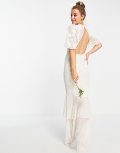Прозрачное платье цвета слоновой кости с глубоким вырезом, открытой спиной и вышивкой Hope & Ivy Bridal-Белый