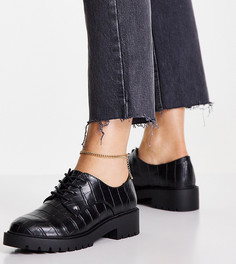 Черные туфли на массивной подошве с эффектом крокодиловой кожи и шнуровкой New Look Wide Fit-Черный цвет