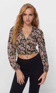 Stradivarius Блуза С Принтом И V-Образным Вырезом Черный S