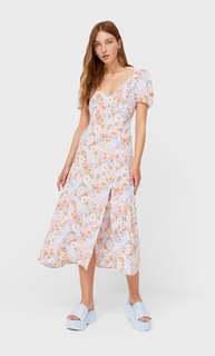 Stradivarius Платье Миди С Цветочным Принтом Цвет Небеленого Полотна Xl