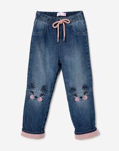 Утеплённые джинсы Straight с котиками для девочки Gloria Jeans