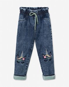 Утеплённые джинсы Paperbag с вышивкой для девочки Gloria Jeans