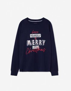 Тёмно-синий пижамный лонгслив с новогодней надписью Gloria Jeans