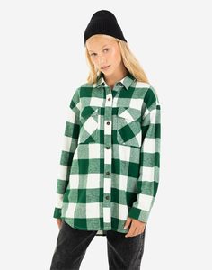 Зелёная фланелевая рубашка oversize в клетку для девочки Gloria Jeans