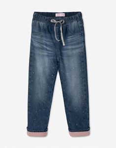 Синие утеплённые джинсы Straight со стразами для девочки Gloria Jeans