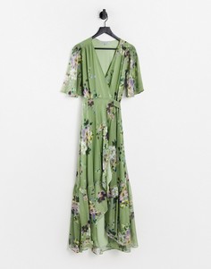 Зеленое платье макси на запахе с расклешенными рукавами и цветочным принтом Hope & Ivy-Зеленый цвет