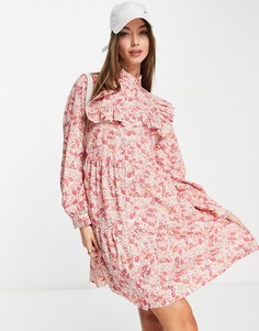 Платье-рубашка мини из органического хлопка с оборками и винтажным цветочным принтом Aligne-Розовый цвет