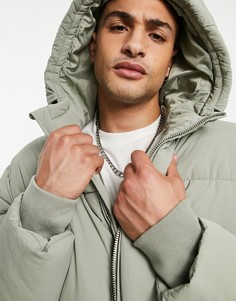 Свободная дутая куртка с капюшоном шалфейно-зеленого цвета Topman-Зеленый цвет