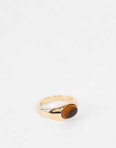 Золотистое узкое кольцо-печатка с овальным камнем «тигровый глаз» ASOS DESIGN-Золотистый