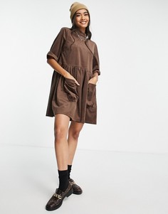 Шоколадно-коричневое вельветовое платье в стиле oversized свободного кроя Urban Threads-Коричневый цвет