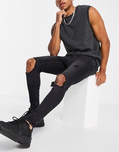 Черные выбеленные джинсы супероблегающего кроя со рваной отделкой Topman-Черный цвет