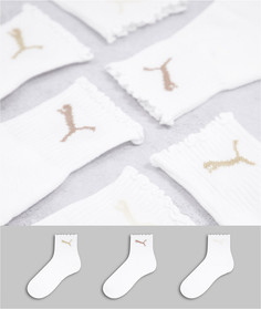 Набор из 3 пар белых носков с оборками и принтом нейтральных оттенков Puma-Белый