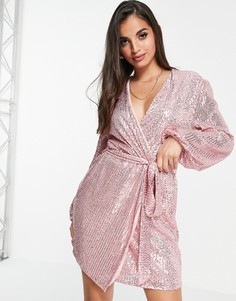Пыльно-розовое платье мини с запахом и отделкой пайетками Style Cheat-Розовый цвет