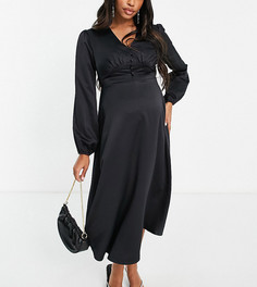 Черное атласное платье миди с застежкой на пуговицах спереди Flounce London Maternity-Черный цвет