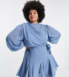 Платье мини со складками, высокой горловиной и юбкой годе ASOS DESIGN Curve-Голубой