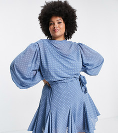 Платье мини со складками, высокой горловиной и юбкой годе ASOS DESIGN Curve-Голубой