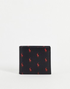Черный кожаный бумажник двойного сложения со сплошным принтом логотипа красного цвета Polo Ralph Lauren-Черный цвет
