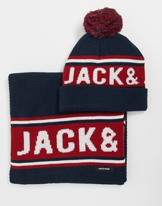Подарочный набор темно-синего цвета с шапкой и шарфом с логотипом Jack & Jones-Темно-синий