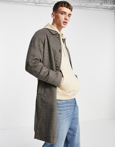 Коричневое пальто в клетку с добавлением шерсти ASOS DESIGN-Серый