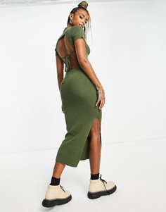 Трикотажное платье миди в рубчик в стиле 90-х с воротником поло и вырезом на спине Emory Park-Зеленый цвет