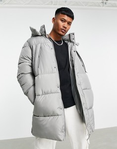 Серый удлиненный пуховик со съемным капюшоном ASOS DESIGN