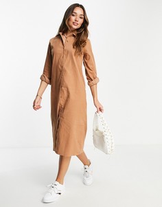 Вельветовое платье-рубашка миди в стиле oversized серо-бежевого цвета Urban Threads-Коричневый цвет