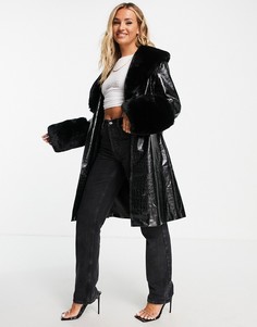 Черное пальто миди с завязкой на талии и отделкой искусственным мехом Jayley-Черный цвет