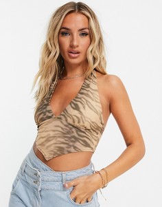 Топ с завязкой на шее, треугольным нижним краем и звериным принтом ASOS DESIGN-Разноцветный
