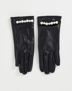 Черные перчатки из искусственной кожи с отделкой искусственным жемчугом SVNX-Черный цвет